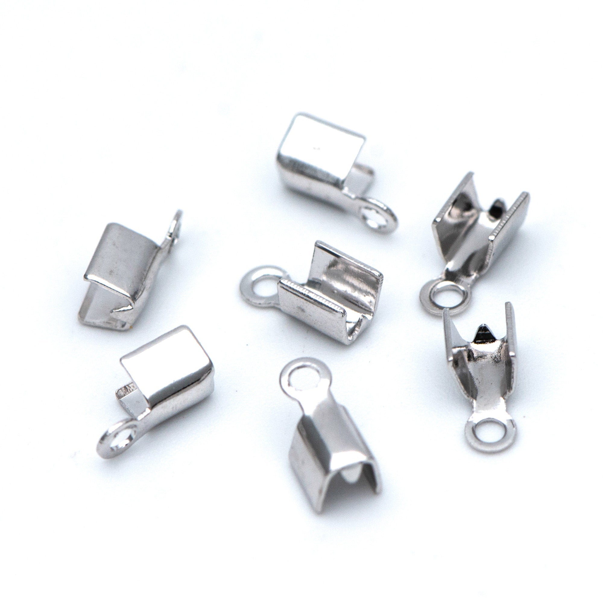 20pcs Silver tone Crimp End Tips, Leather Hemp Cord Chain Ends, 8x3/ 9x4mm, Rhodium plated Brass, Thick and Sturdy (GB-674)